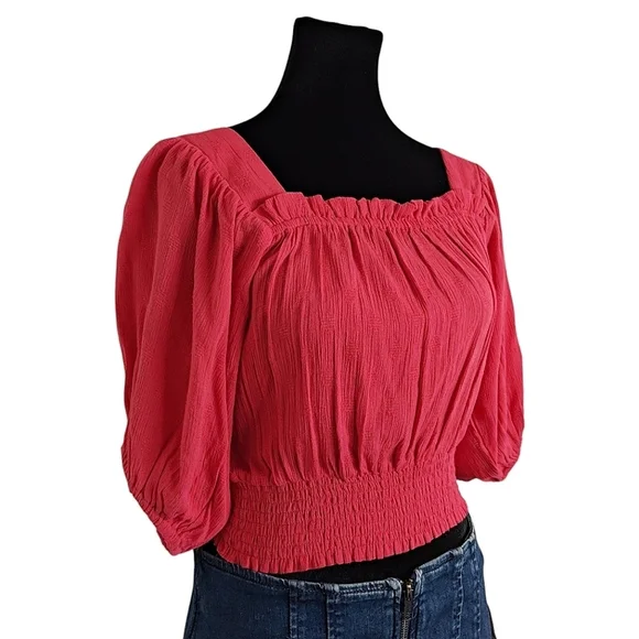 Band Of Gypsies Smocked Hot Coral Square Neck Puffy Sleeve Top Size Small - Picture 1 of 11
